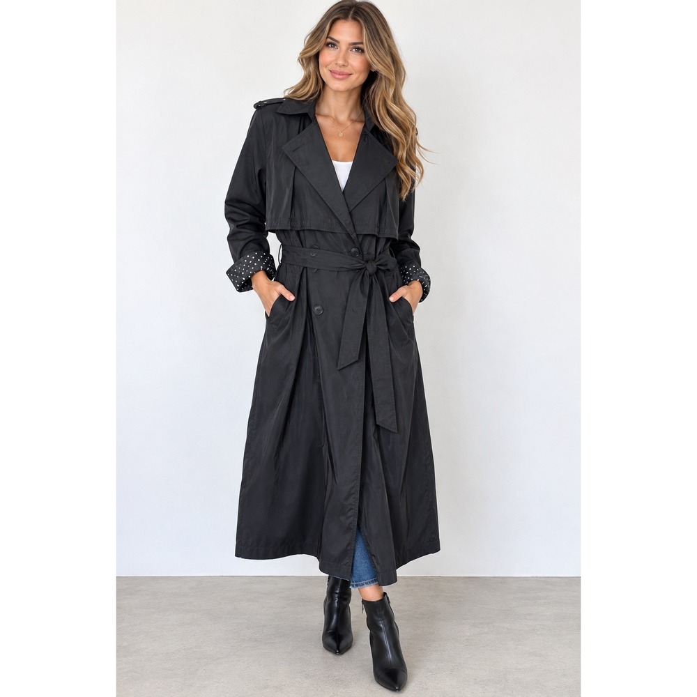 Forecaster Boston Black Trench Coat Women's 6 Long Belted Raincoat Polka Dot